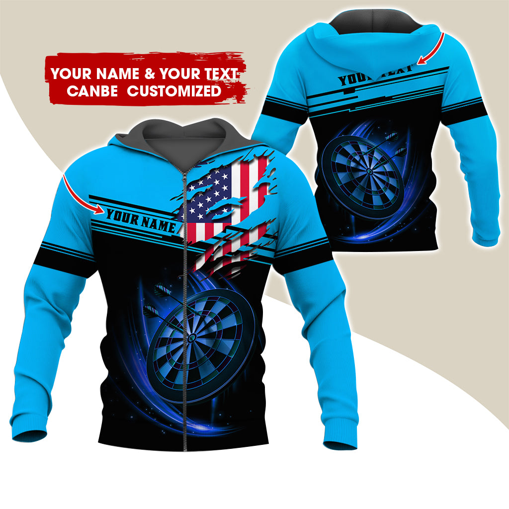 Custom Name & Text Darts Premium Zip Hoodie, Customized Name American Flag Darts Zip Hoodie For Men & Women - Gift For Darts Lovers, Darts Players