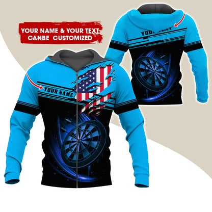 Custom Name & Text Darts Premium Zip Hoodie, Customized Name American Flag Darts Zip Hoodie For Men & Women - Gift For Darts Lovers, Darts Players