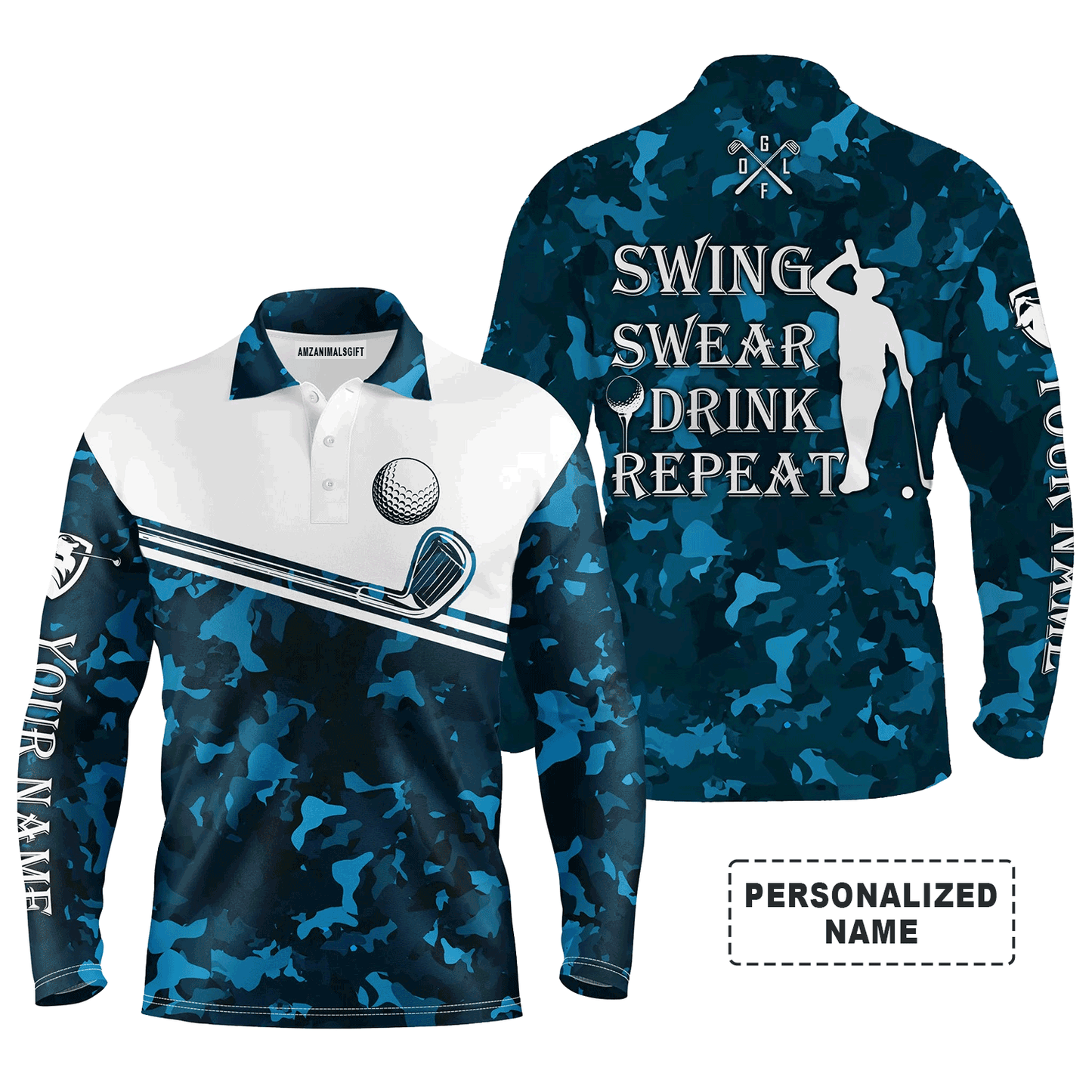 Custom Golf Long Sleeve Men Polo Shirt - Swing Swear Drink Repeat Custom Name Camo Pattern Apparel - Personalized Gift For Men, Golf Lover