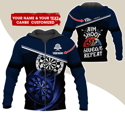 Customized Name & Text Darts Premium Zip Hoodie, Personalized Aim Shoot Sweat Repeat Zip Hoodie For Men & Women - Gift For Darts Lovers, Darts Players