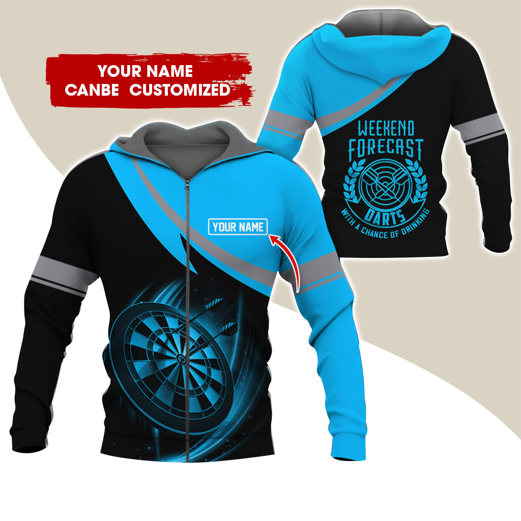 Personalized Name Darts Premium Zip Hoodie, Custom Name Weekend Forecast Darts Zip Hoodie For Men & Women - Gift For Darts Lovers, Darts Players
