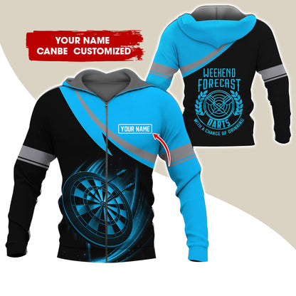 Personalized Name Darts Premium Zip Hoodie, Custom Name Weekend Forecast Darts Zip Hoodie For Men & Women - Gift For Darts Lovers, Darts Players