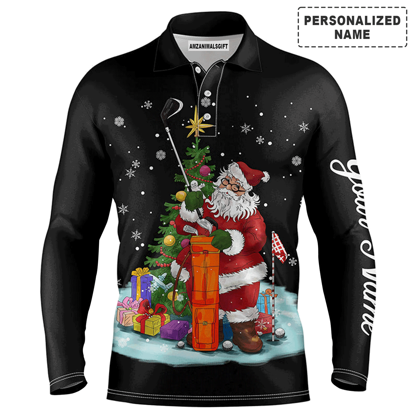 Custom Golf Long Sleeve Men Polo Shirt - Santa Golfer Christmas Custom Name Apparel - Personalized Gift For Golf Lover, Team, Husband, Men