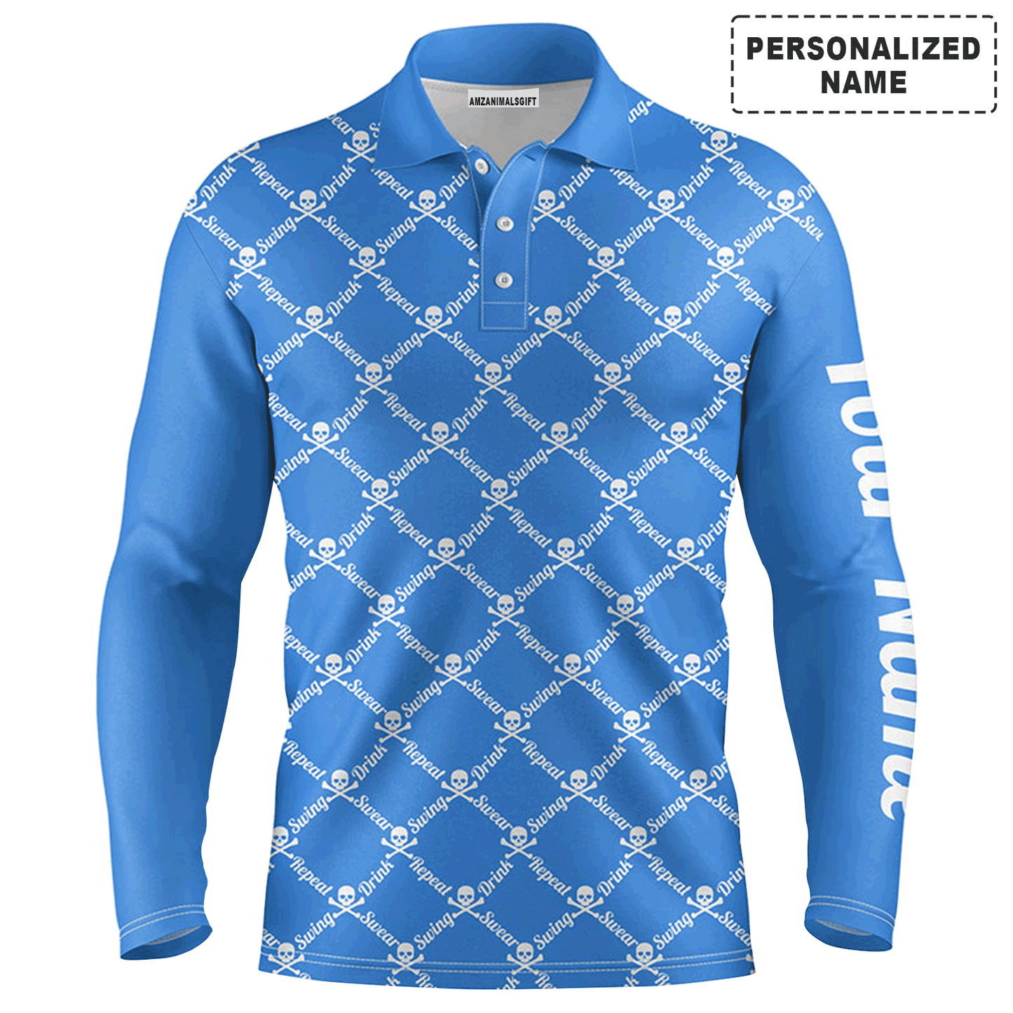 Custom Golf Long Sleeve Men Polo Shirt -Swing Swear Drink Repeat Skull Pattern Apparel-Personalized Gift For Golf Lover, Team, Husband, Boyfriend, Men