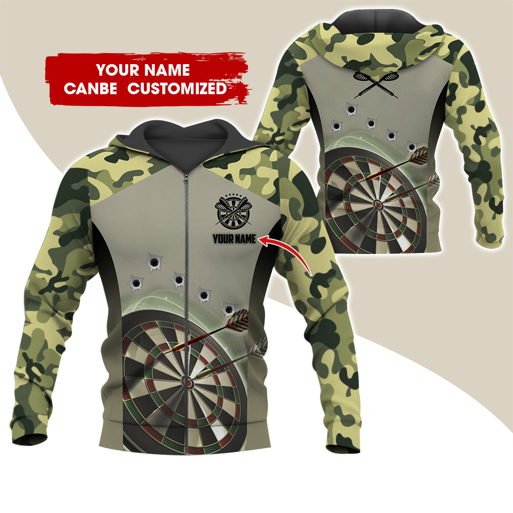 Custom Name Camo Darts Premium Zip Hoodie, Personalized Name Camo Pattern Darts Zip Hoodie For Men & Women - Gift For Darts Lovers, Darts Players