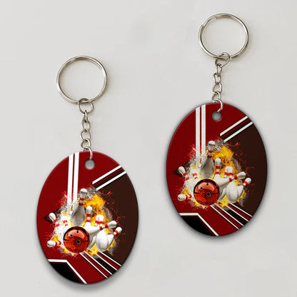 Red Bowling Ball On Fire Crashing Pins Acrylic Keychain For Bowling Players - Christmas Gift For Bowling Lovers, Bowling Team, Family, Friends