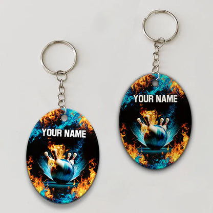 Personalized Name Blue Bowling Ball And Pins On Fire Acrylic Keychain - Christmas Gift For Bowling Lovers, Bowling Team, Family, Friends