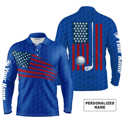 Golf Men Polo Shirt, Custom Name Multicolor American Flag Patriotic Apparel - Personalized Sports Gifts For Golf Lover, Male, Husband, Boyfriend