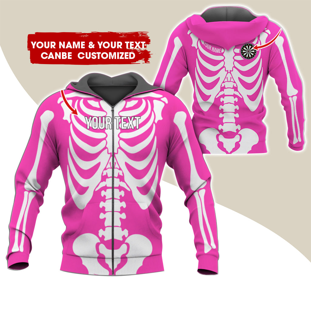 Customized Name & Text Skeleton Darts Premium Zip Hoodie, Personalized Name Darts Zip Hoodie For Men & Women - Gift For Darts Lovers, Darts Players