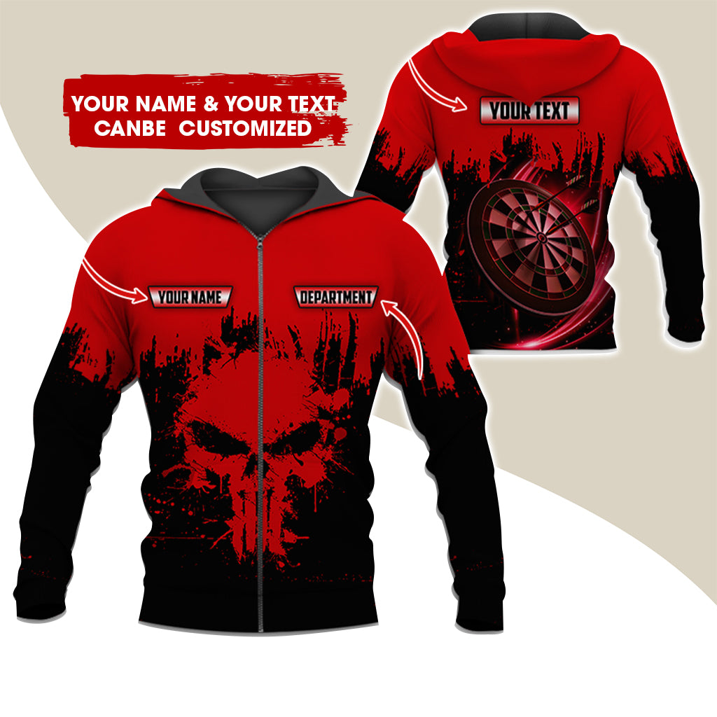 Personalized Name & Text Darts Premium Zip Hoodie, Customized Skull Dartboard Team Zip Hoodie For Men & Women - Gift For Darts Lovers, Darts Players