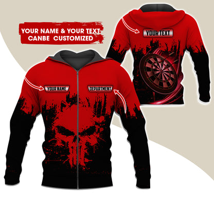 Personalized Name & Text Darts Premium Zip Hoodie, Customized Skull Dartboard Team Zip Hoodie For Men & Women - Gift For Darts Lovers, Darts Players