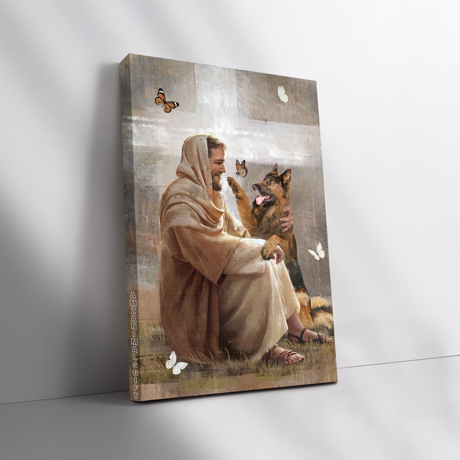 German Shepherd & Jesus Premium Wrapped Portrait Canvas - Jesus Christ, German Shepherd, Beautiful Butterfly, Cross Symbol - Gift For Christian