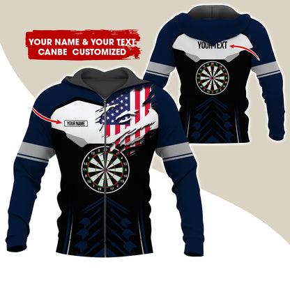 Customized Name American Flag Darts Premium Zip Hoodie, Personalized Black Pattern Zip Hoodie For Men & Women - Gift For Darts Lovers, Darts Players