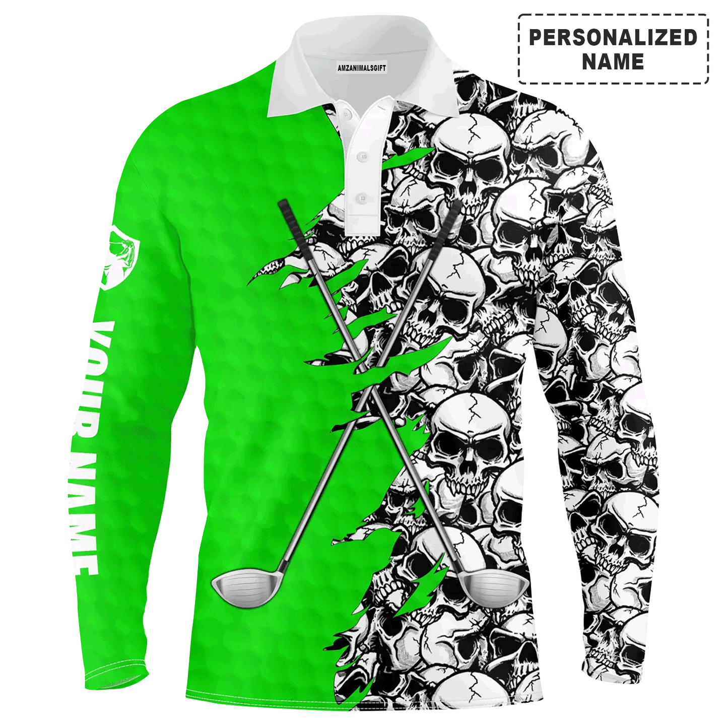 Custom Golf Long Sleeve Men Polo Shirt, Pattern Skull Golf Clubs Performance Custom Name Apparel - Perfect Gift For Men, Golf Lovers