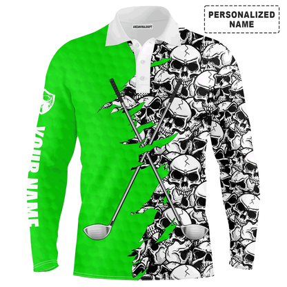Custom Golf Long Sleeve Men Polo Shirt, Pattern Skull Golf Clubs Performance Custom Name Apparel - Perfect Gift For Men, Golf Lovers