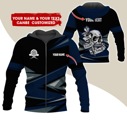 Personalized Name & Text Darts Premium Zip Hoodie, Customized Name Skull In Darts Zip Hoodie For Men & Women - Gift For Darts Lovers, Darts Players