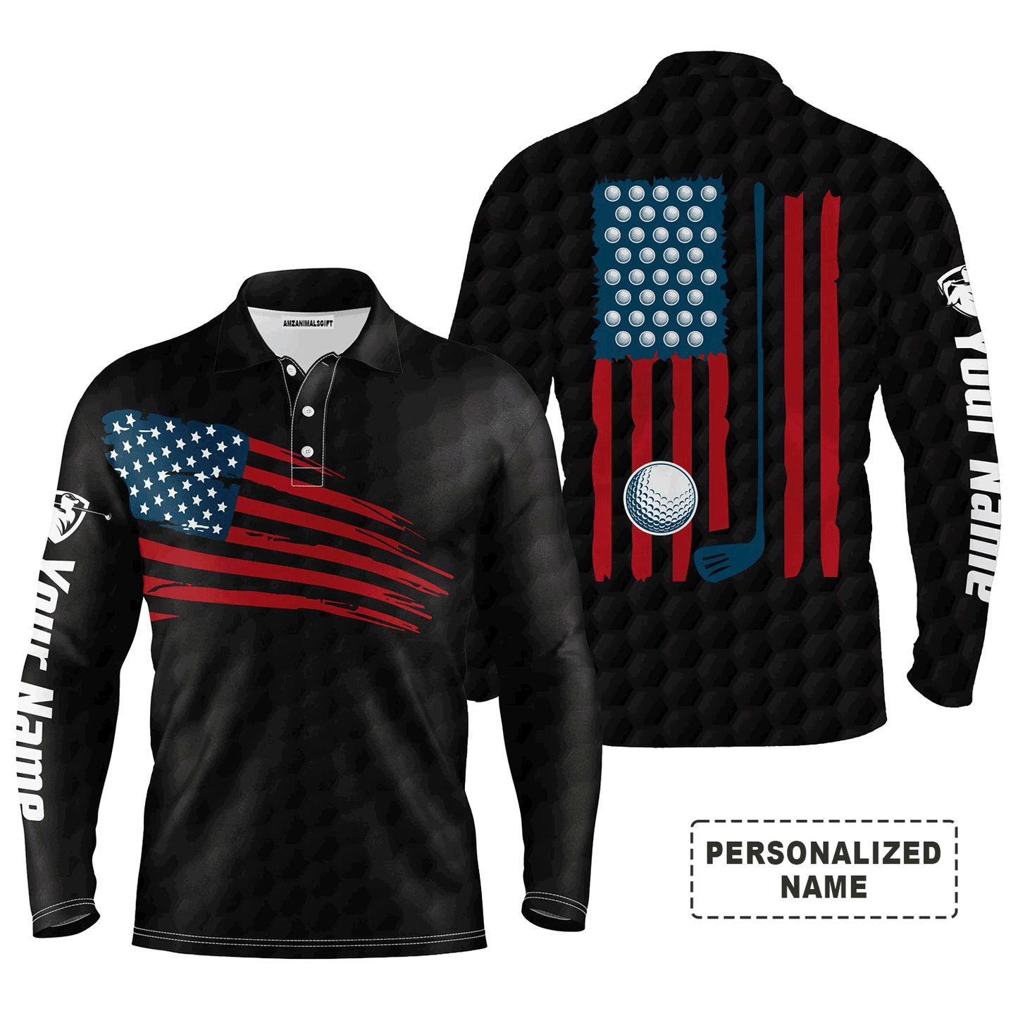 Custom Golf Long Sleeve Men Polo Shirt - Custom Name American Flag Multicolor Apparel - Personalized Gift For Men, Golf Lover