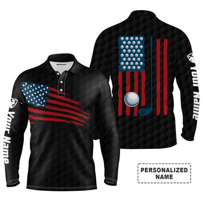 Custom Golf Long Sleeve Men Polo Shirt - Custom Name American Flag Multicolor Apparel - Personalized Gift For Men, Golf Lover