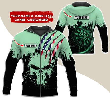 Customized Name & Text Skull Darts Premium Zip Hoodie, Personalized American Flag Zip Hoodie For Men & Women - Gift For Darts Lovers, Darts Players