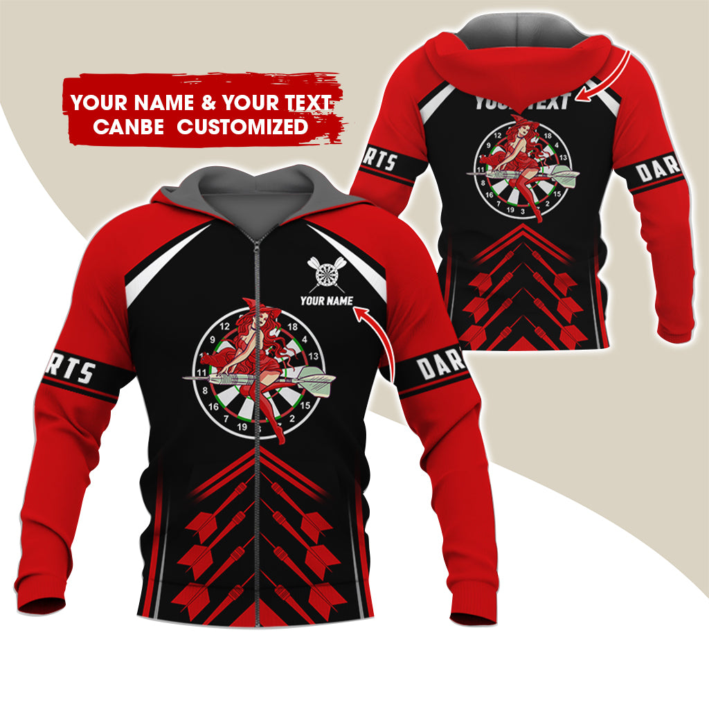 Customized Name & Text Witch Darts Premium Zip Hoodie, Personalized Name Dartboard Zip Hoodie For Men & Women - Gift For Darts Lovers, Darts Players