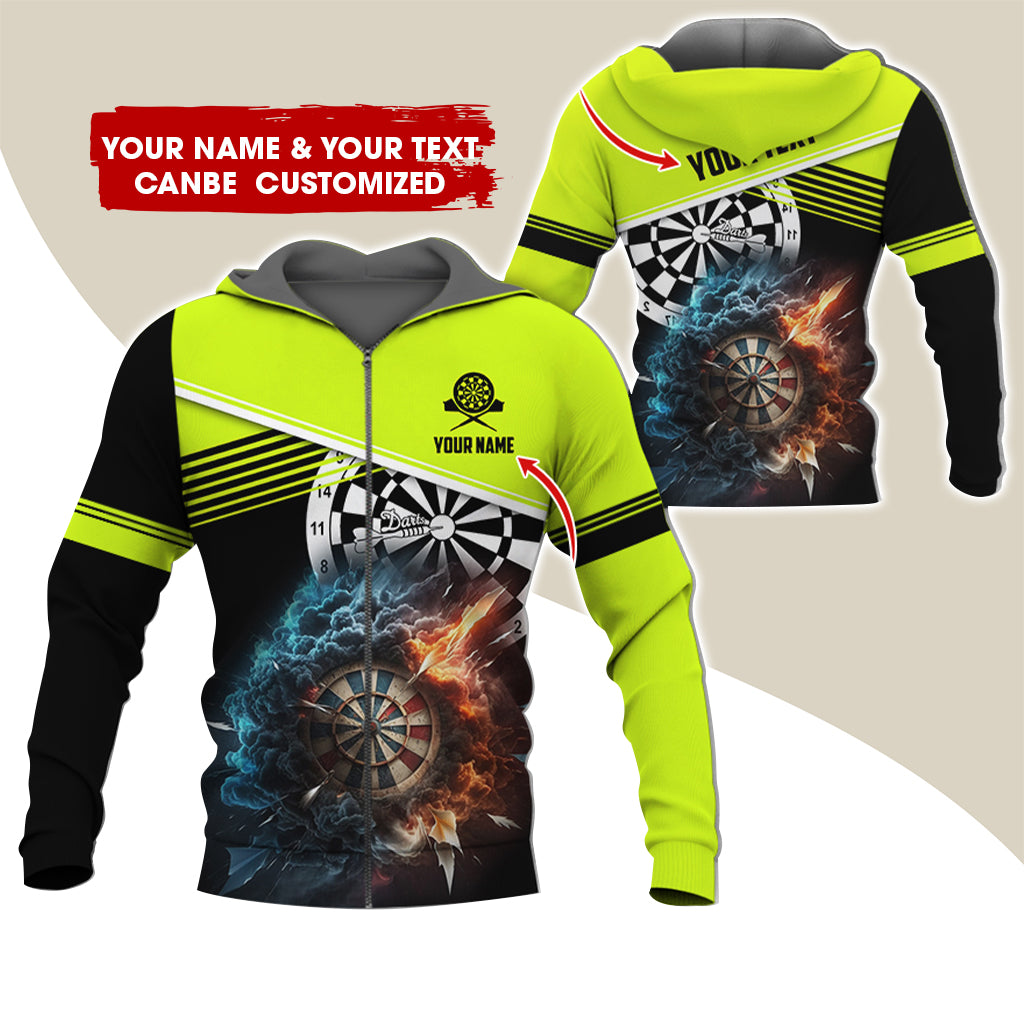 Personalized Name & Text Darts Premium Zip Hoodie, Customized Name Cloudy Fire Darts Zip Hoodie For Men & Women - Gift For Darts Lovers, Darts Players
