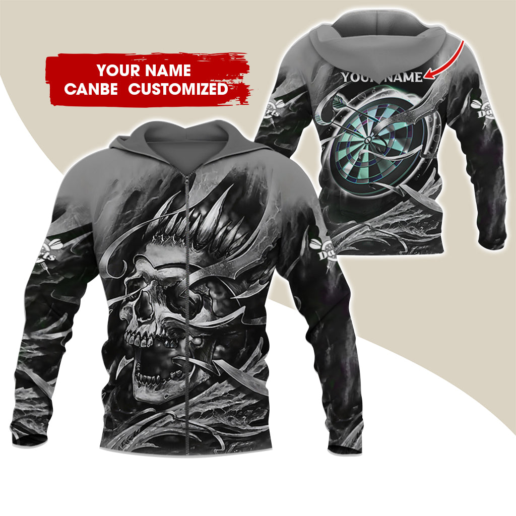 Customized Name Skull Darts Premium Zip Hoodie, Personalized Name Dartboard Zip Hoodie For Men & Women - Gift For Darts Lovers, Darts Players