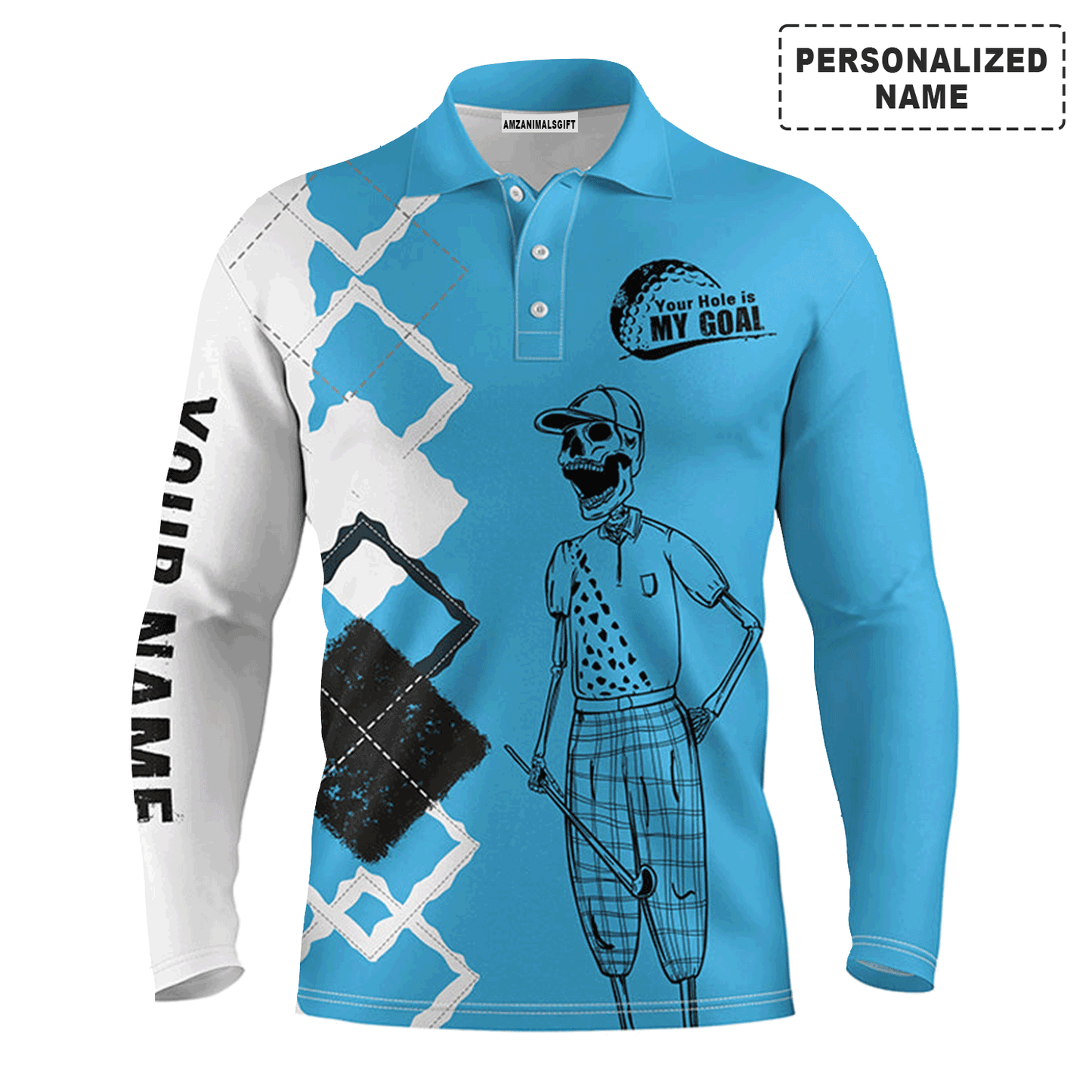 Custom Golf Long Sleeve Men Polo Shirt - Custom Name Skull Apparel - Your Hole Is My Goal Men Polo Shirt - Perfect Polo Shirt For Men, Golfers