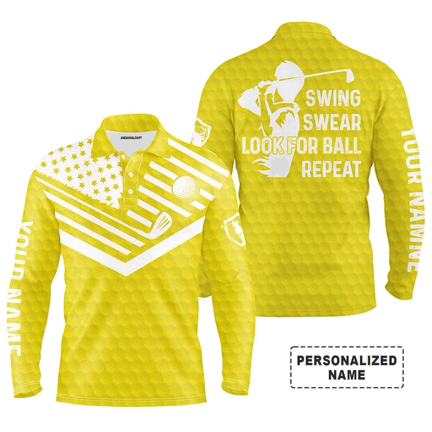 Custom Golf Long Sleeve Men Polo Shirt -  Custom Name American Flag Apparel - Swing Swear Look For Ball Repeat Men Golf Polo Shirt