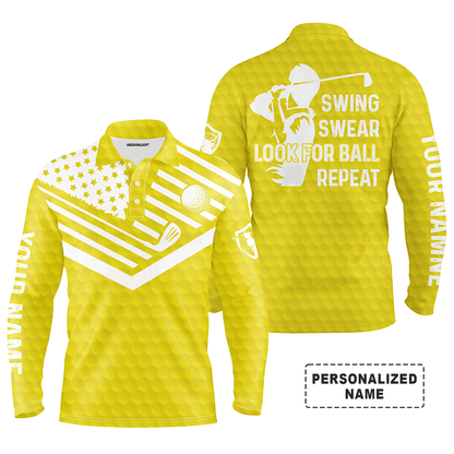 Custom Golf Long Sleeve Men Polo Shirt -  Custom Name American Flag Apparel - Swing Swear Look For Ball Repeat Men Golf Polo Shirt