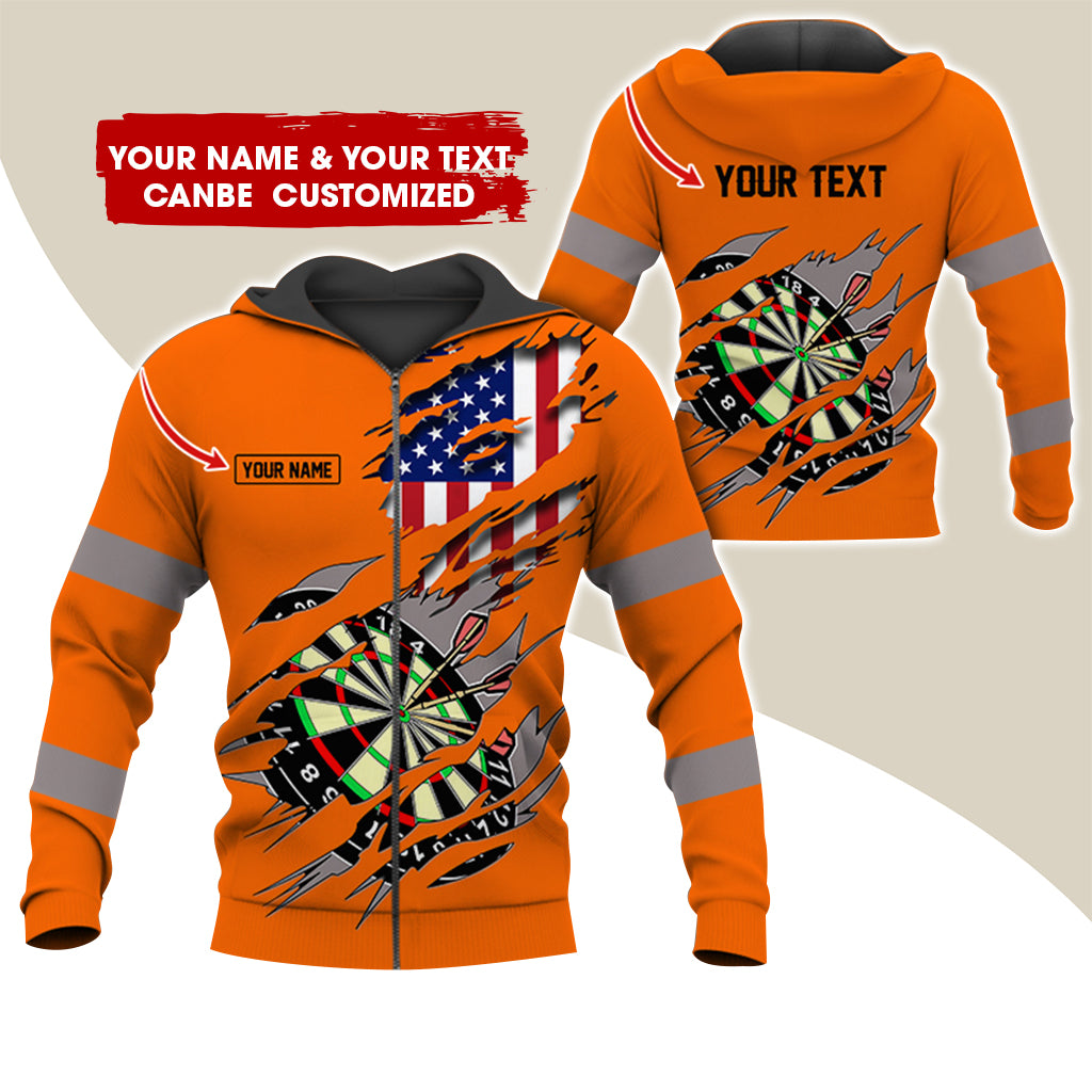 Customized Name & Text American Flag Darts Premium Zip Hoodie, Personalized Dartboard Zip Hoodie For Men & Women - Gift For Darts Lovers, Darts Players