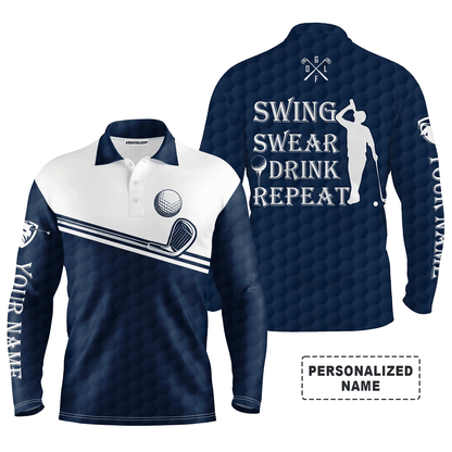 Golf Men Polo Shirt, Custom Name Multicolor Swing Swear Drink Repeat Apparel - Personalized Sports Gifts For Men, Husband, Boyfriend, Golf Lover