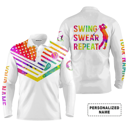 Custom Golf Long Sleeve Men Polo Shirt- Custom Name Watercolor American Flag Multicolor Apparel,Swing Swear Repeat Men Golf Polo Shirt  For Golf Lover