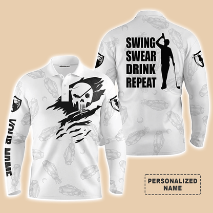 Custom Golf Long Sleeve Men Polo Shirt - Custom Name Multicolor Golf Clubs Pattern - Swing Swear Drink Repeat Men Polo Shirt For Golf Lover