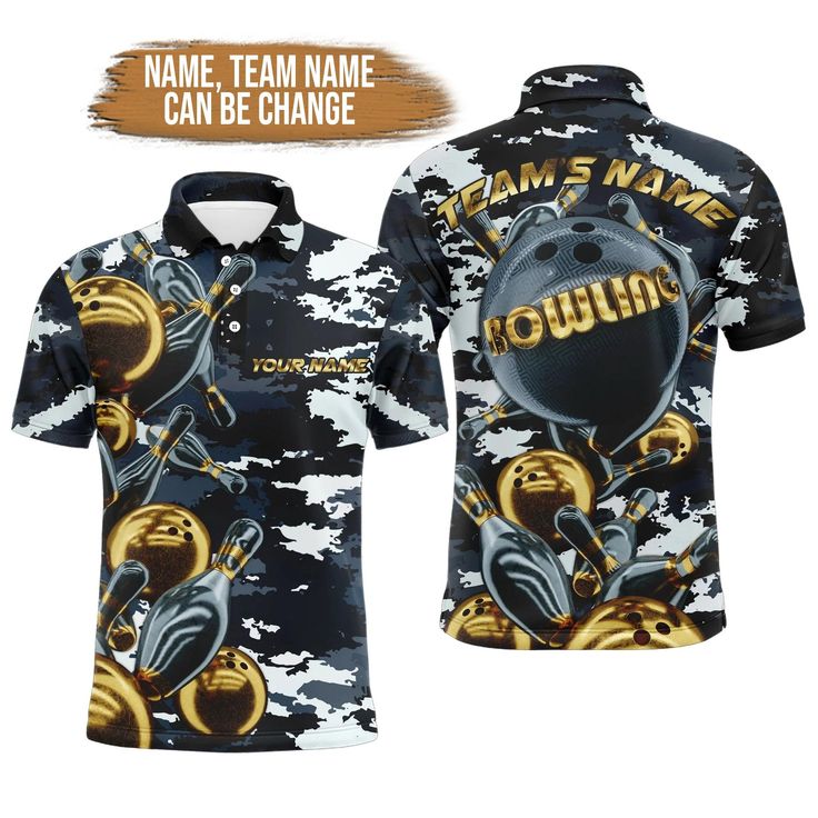 Bowling Custom Men's Long Sleeve Polo Shirt - Camo Navy Bowling Team Custom Bowling Long Sleeve Polo Shirt