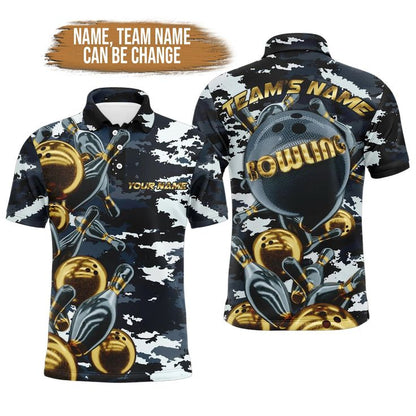 Bowling Custom Men's Long Sleeve Polo Shirt - Camo Navy Bowling Team Custom Bowling Long Sleeve Polo Shirt