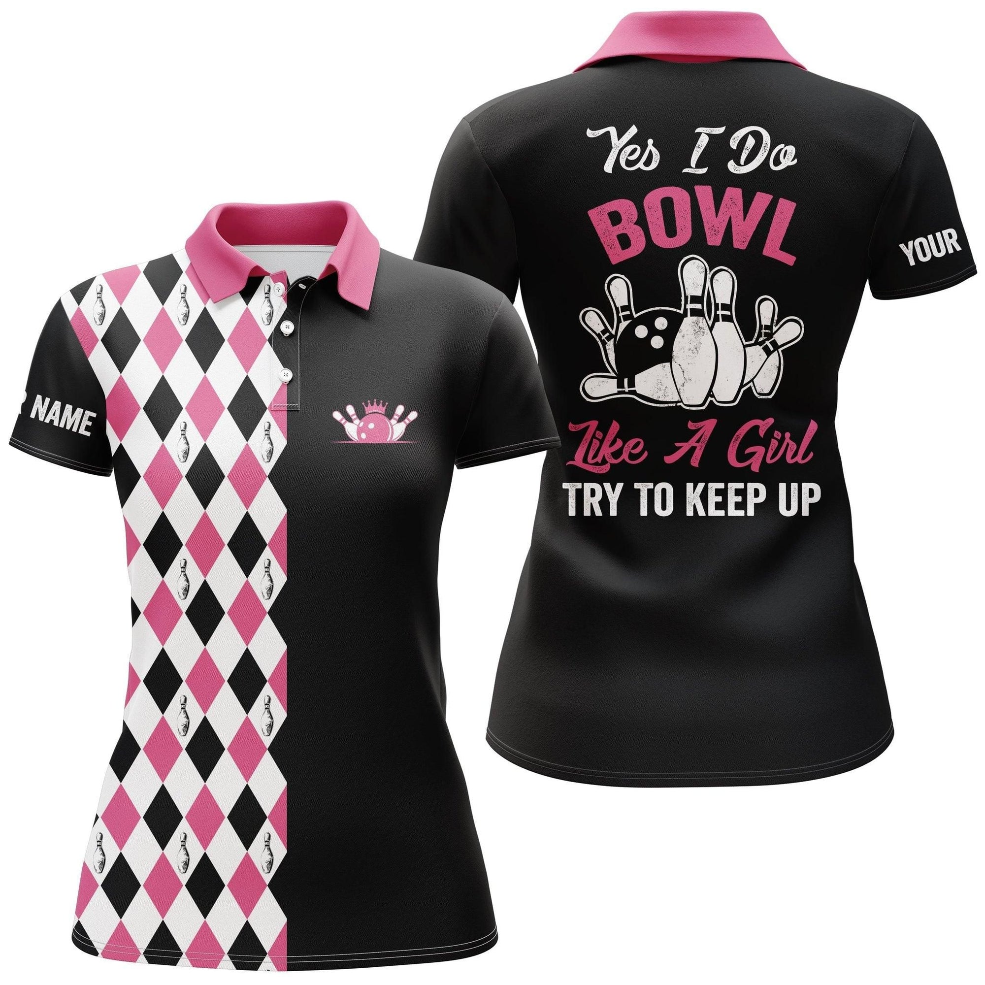 Bowling Custom Women Polo Shirt - Black Pink Pattern Custom Name Polo Shirt, Personalized Bowling Polo Shirt For Female - Gift For Friend, Family, Bowling Lovers