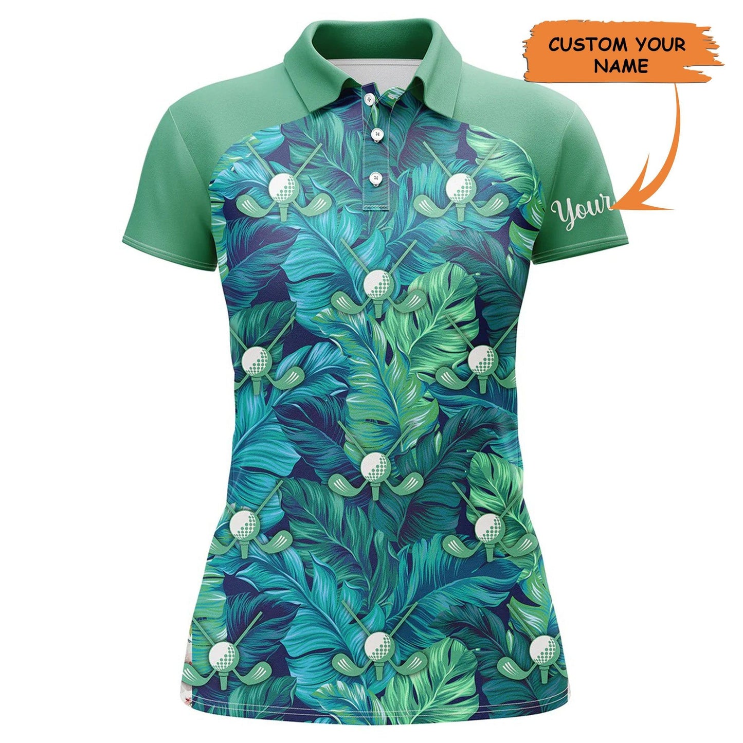 Customized Name Golf Women Polo Shirts, Green Tropical Leaves Personalized Golf Ball Polo Shirts - Perfect Gift For Ladies, Golfers, Golf Lovers