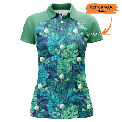 Customized Name Golf Women Polo Shirts, Green Tropical Leaves Personalized Golf Ball Polo Shirts - Perfect Gift For Ladies, Golfers, Golf Lovers