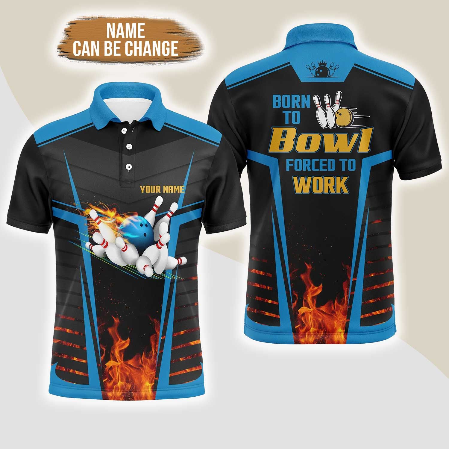Bowling Custom Men Polo Shirt - Custom Born To Bowl Forced To Work, Flame Bowlers Personalized Bowling Polo Shirt - Perfect Gift For Friend, Family