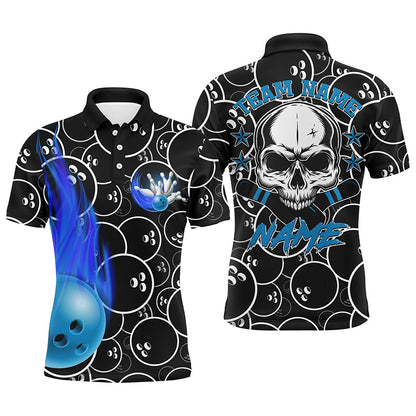 Bowling Custom Men Polo Shirt - Custom Name Flame Bowling Cool Skull Pins Black Personalized Bowling Polo Shirt - Gift For Friend, Family