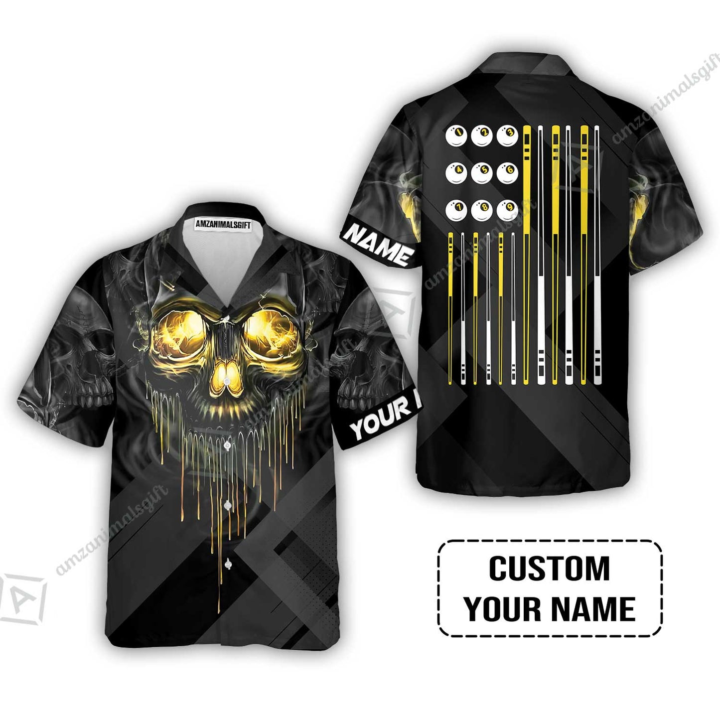Long Sleeve Men Polo Shirt - Billiards Pool Player Skull Custom Polo Shirt, Skull Billiards Shirt For Billiards Players, Personalized Billiards Gift