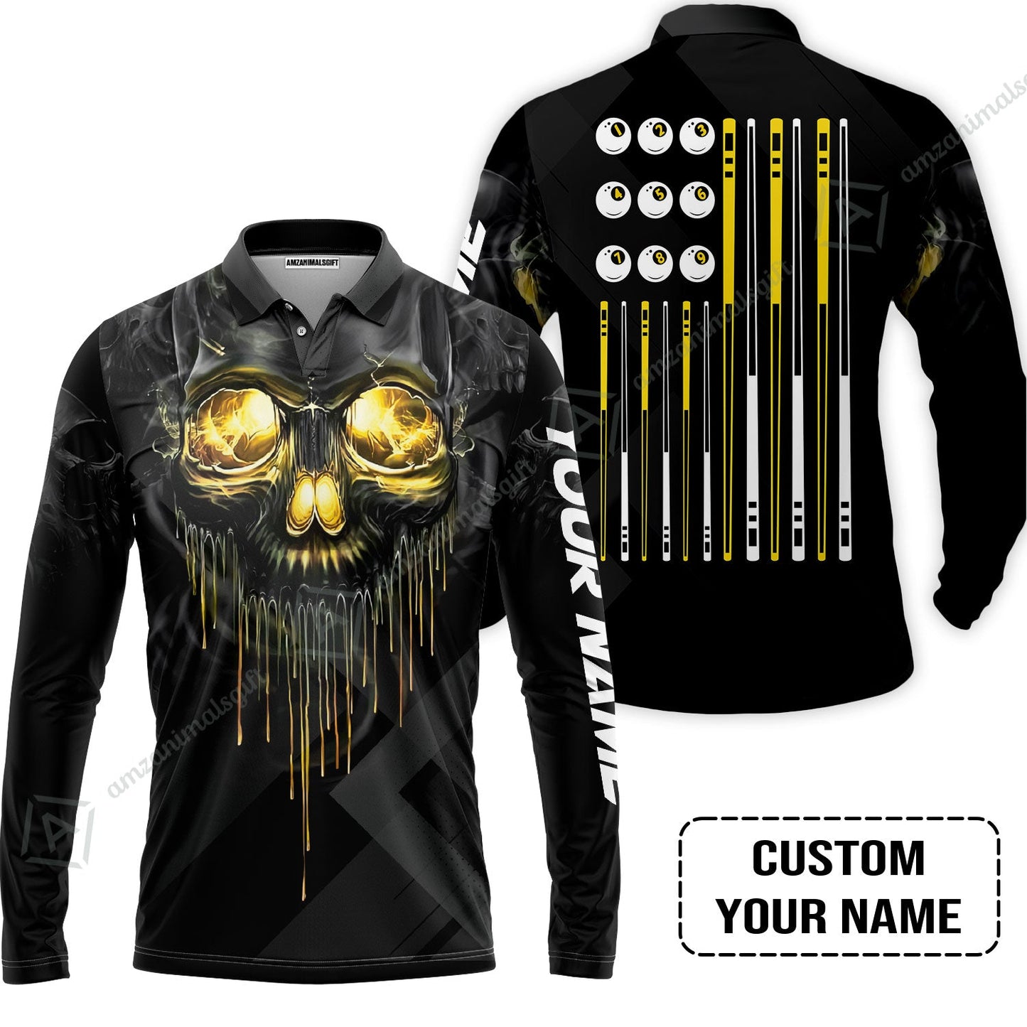 Long Sleeve Men Polo Shirt - Billiards Pool Player Skull Custom Polo Shirt, Skull Billiards Shirt For Billiards Players, Personalized Billiards Gift