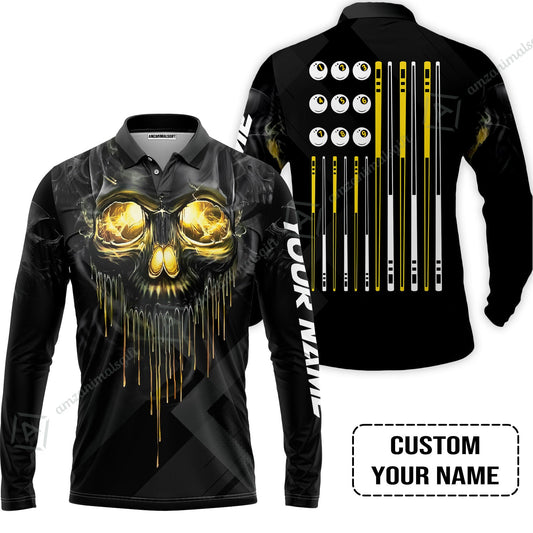 Long Sleeve Men Polo Shirt - Billiards Pool Player Skull Custom Polo Shirt, Skull Billiards Shirt For Billiards Players, Personalized Billiards Gift