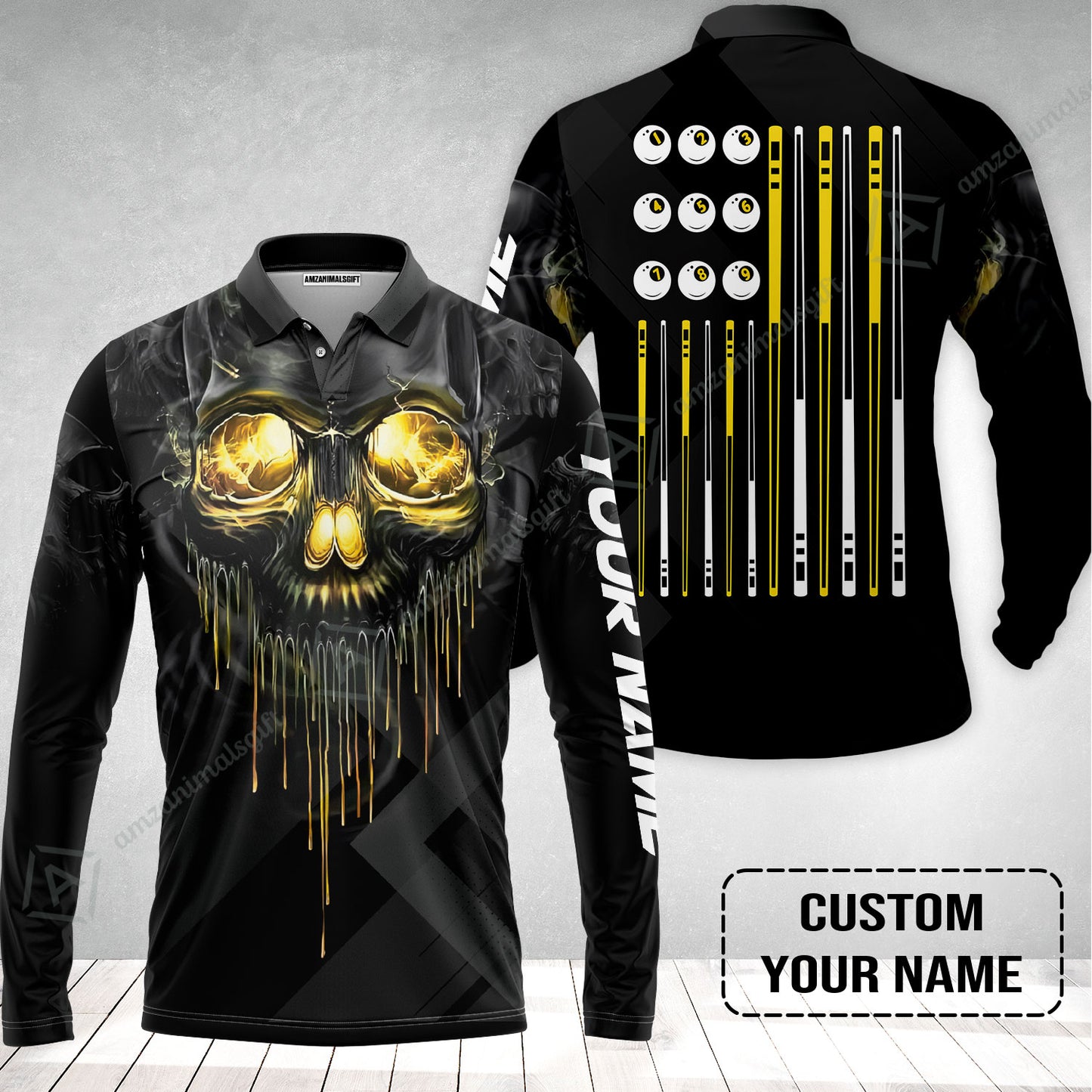 Long Sleeve Men Polo Shirt - Billiards Pool Player Skull Custom Polo Shirt, Skull Billiards Shirt For Billiards Players, Personalized Billiards Gift