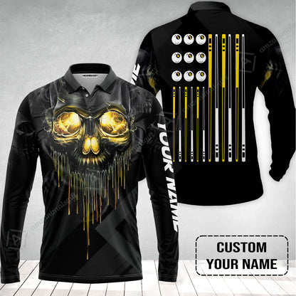 Long Sleeve Men Polo Shirt - Billiards Pool Player Skull Custom Polo Shirt, Skull Billiards Shirt For Billiards Players, Personalized Billiards Gift