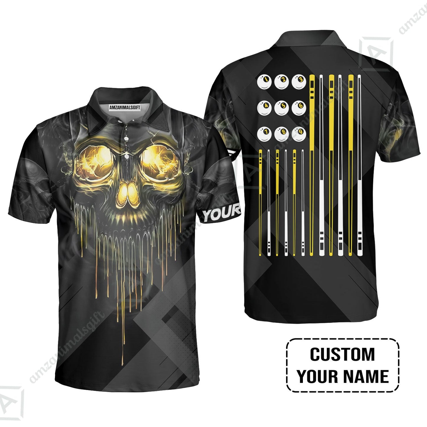 Long Sleeve Men Polo Shirt - Billiards Pool Player Skull Custom Polo Shirt, Skull Billiards Shirt For Billiards Players, Personalized Billiards Gift