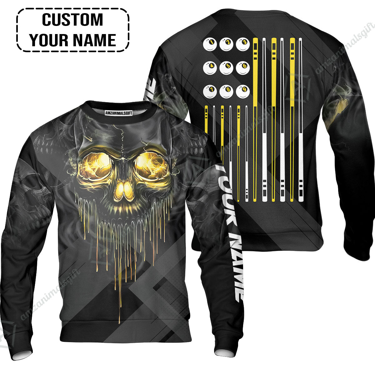 Long Sleeve Men Polo Shirt - Billiards Pool Player Skull Custom Polo Shirt, Skull Billiards Shirt For Billiards Players, Personalized Billiards Gift