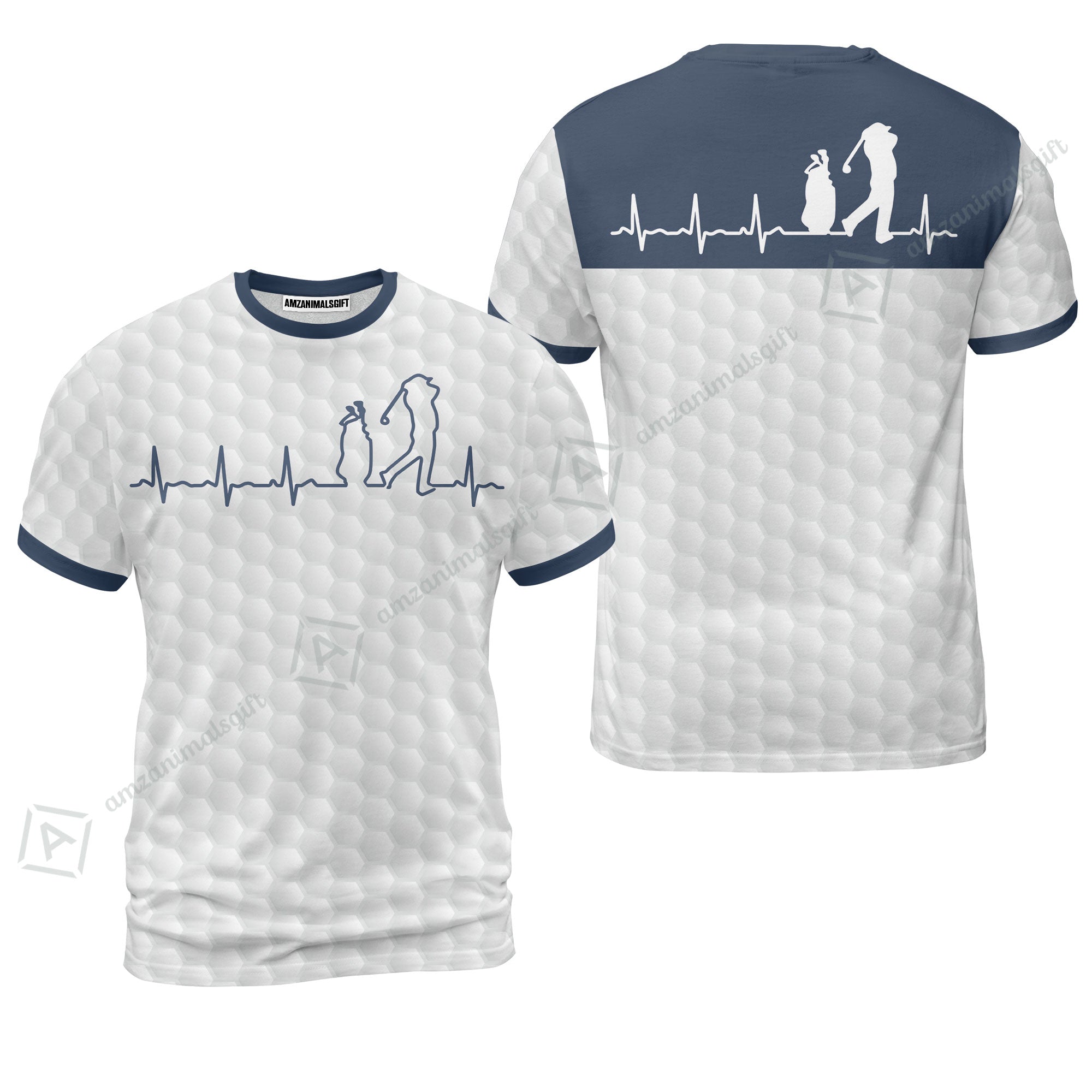Golf T-shirt - Heartbeat Golfer White And Navy Golf T-shirt, White Golf Ball Pattern T-shirt- Best Gift For Golfers