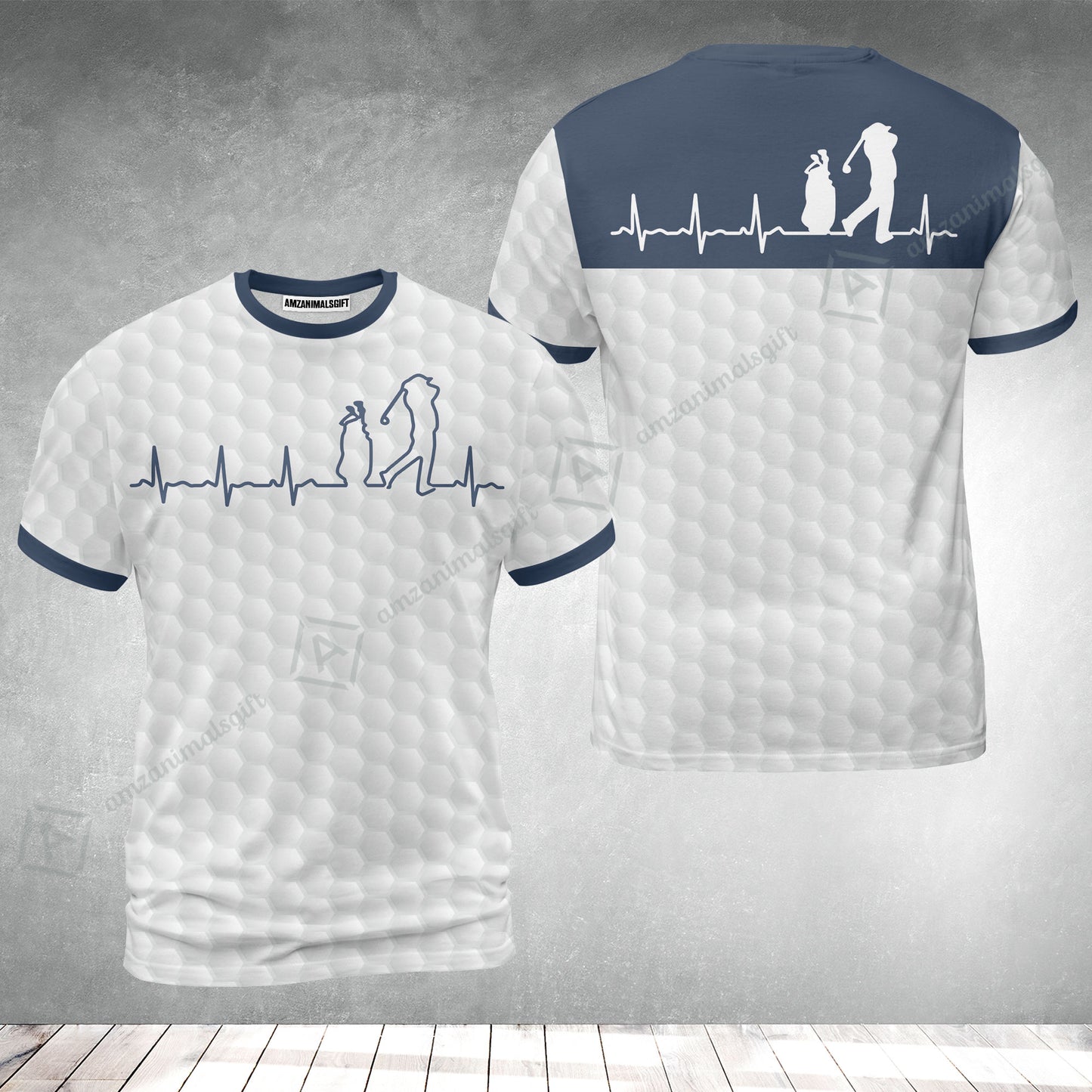Golf T-shirt - Heartbeat Golfer White And Navy Golf T-shirt, White Golf Ball Pattern T-shirt- Best Gift For Golfers