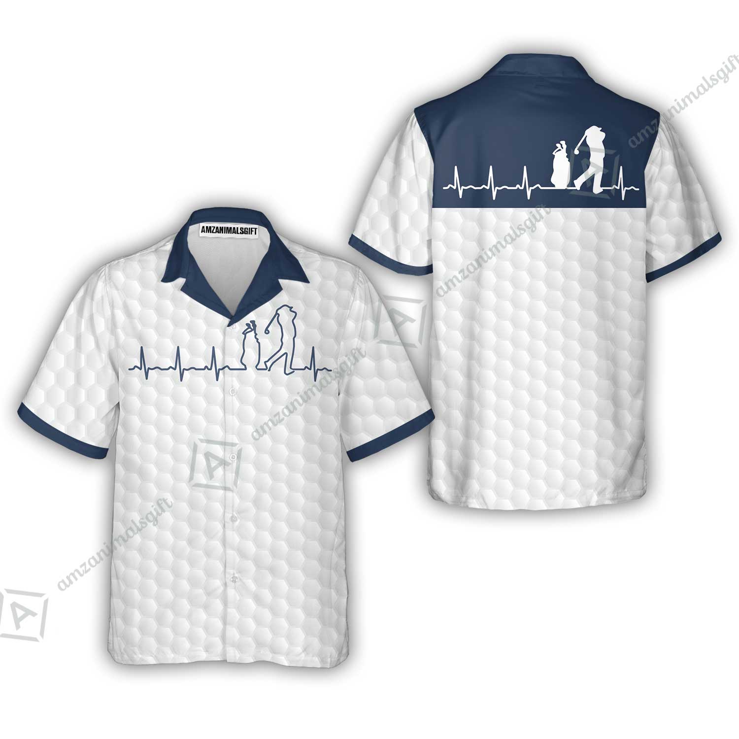 Golf Hawaiian Shirt - Heartbeat Golfer White And Navy Golf Hawaiian Shirt, White Golf Ball Pattern Hawaiian Shirt - Best Gift For Golfers